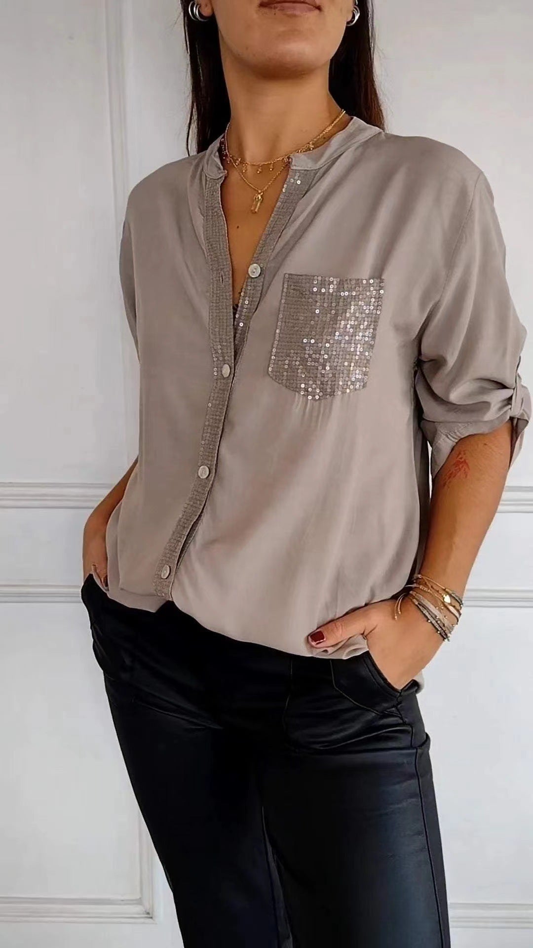 Chemise femme, décontractée, manches longues, avec poches à sequins