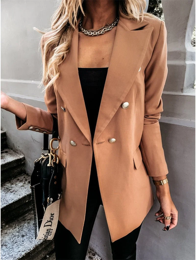 Schlanker Damen-Blazer mit Doppelknopfreihe und goldenen Knöpfen, lange Ärmel