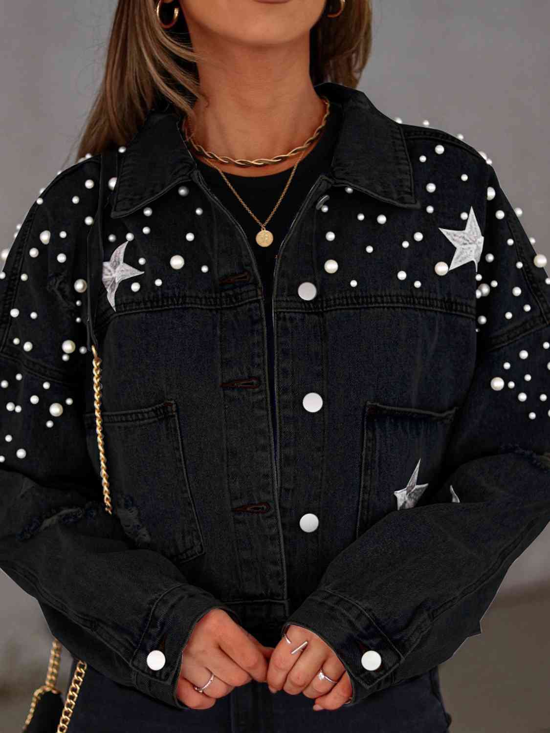 Berg-Feldt | Perlenbesatz Knopf-Down Denimjacke mit Taschen