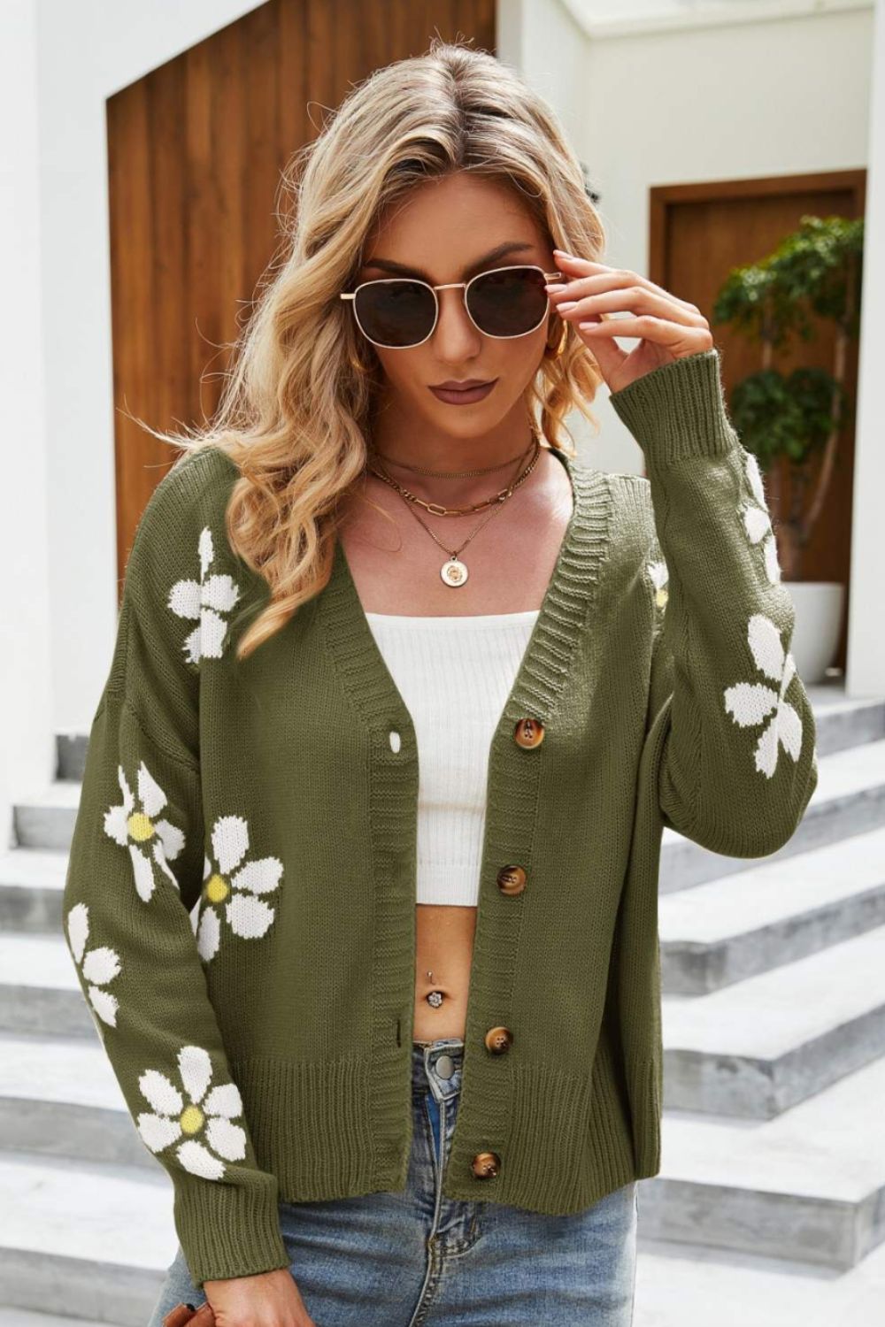 Berg-Feldt | Floral Ribbed Trim Drop Shoulder Cardigan