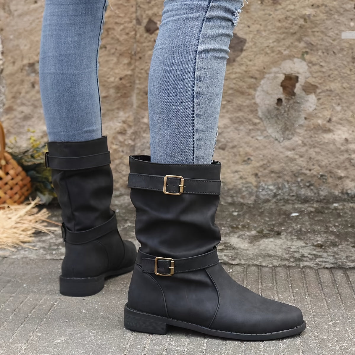 Berg-Feldt | Retro-Charme Schlabbernde Schnallen-Riemen Western Stiefeletten