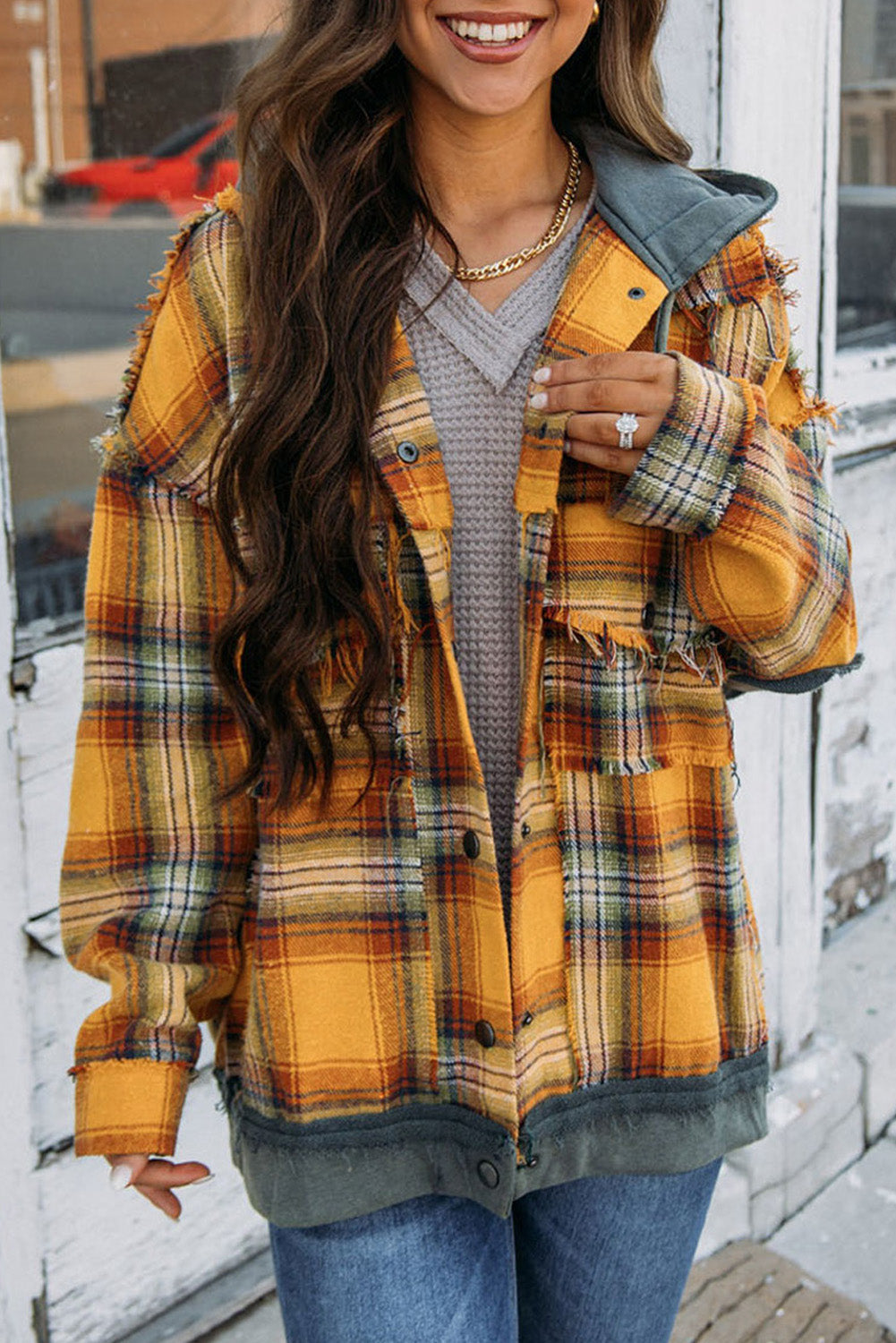 Berg-Feldt | Karierte Jacke mit Kapuze und Rohen Kanten Baumwolle Lässig und Trendy