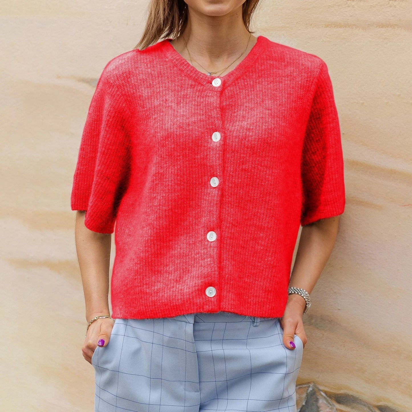 Mael Cardigan ras du cou en maille à manches courtes, style streetwear