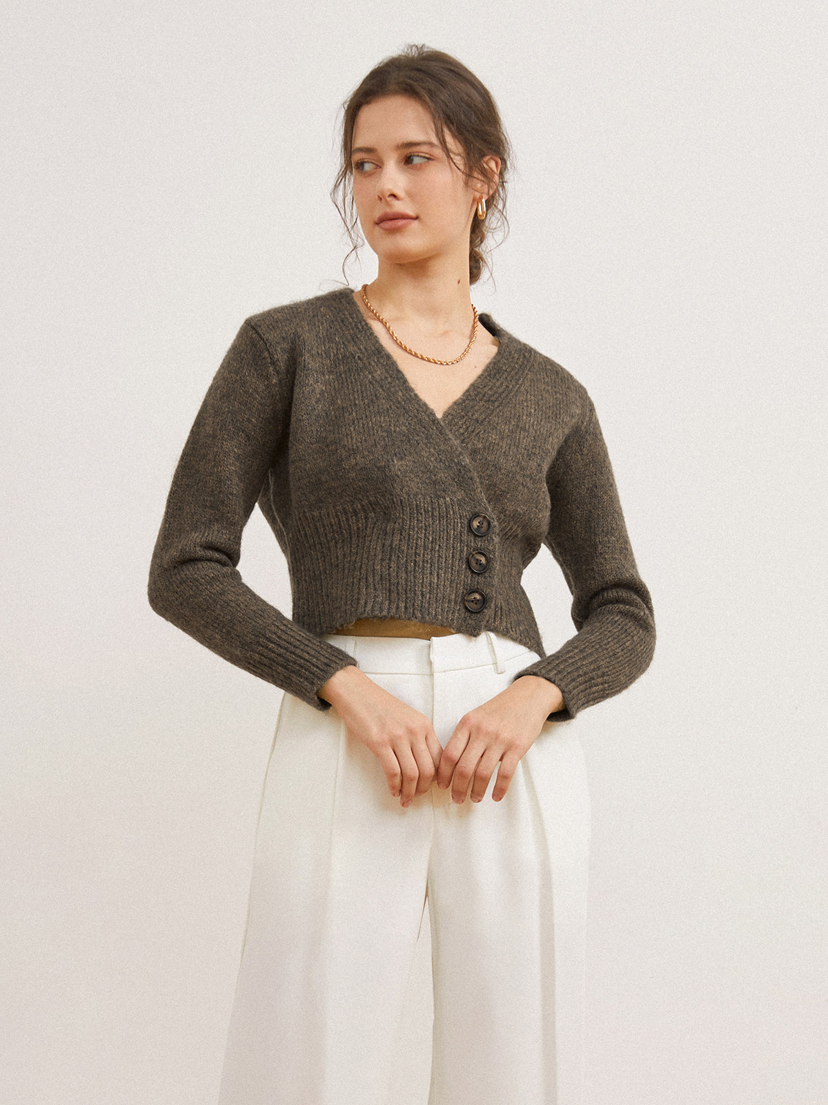 Berg-Feldt | Cardigan en Laine Mélangée Simple et Chaud avec Ouverture Latérale et Col en V Profond