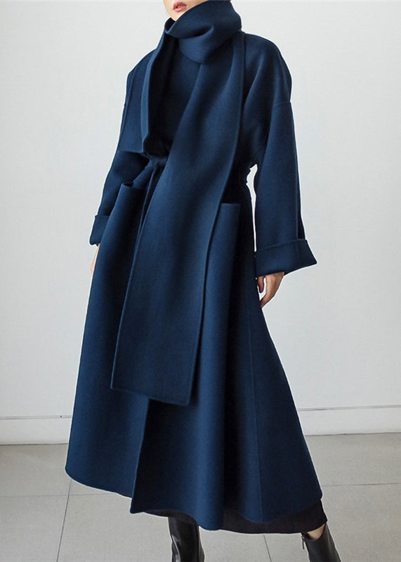 Berg-Feldt | Manteau cache-cœur - élégant manteau long bleu pour femme avec écharpe