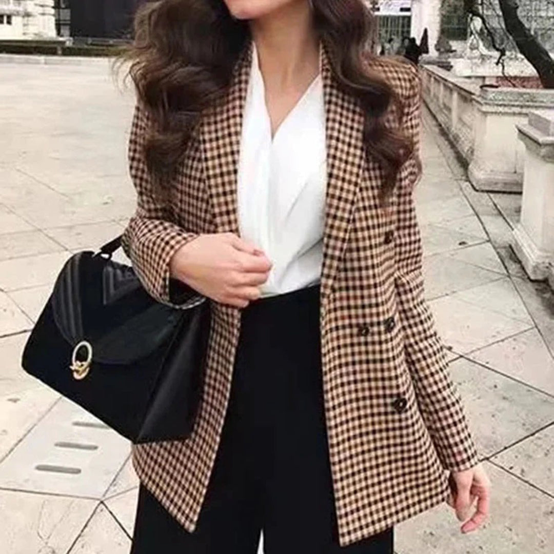 Élégant blazer pour femme Avelena à motif pied-de-poule noir et blanc