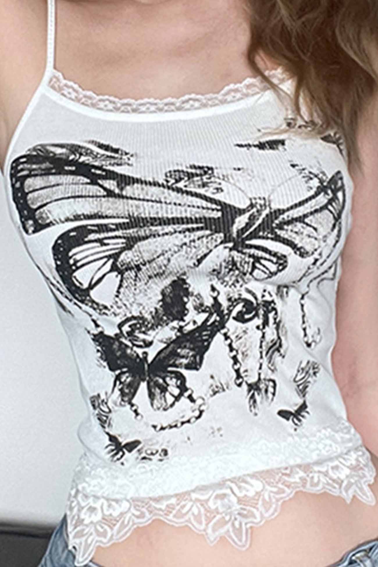 Fudus bedrucktes Cami-Crop-Top aus Spitzen-Patchwork