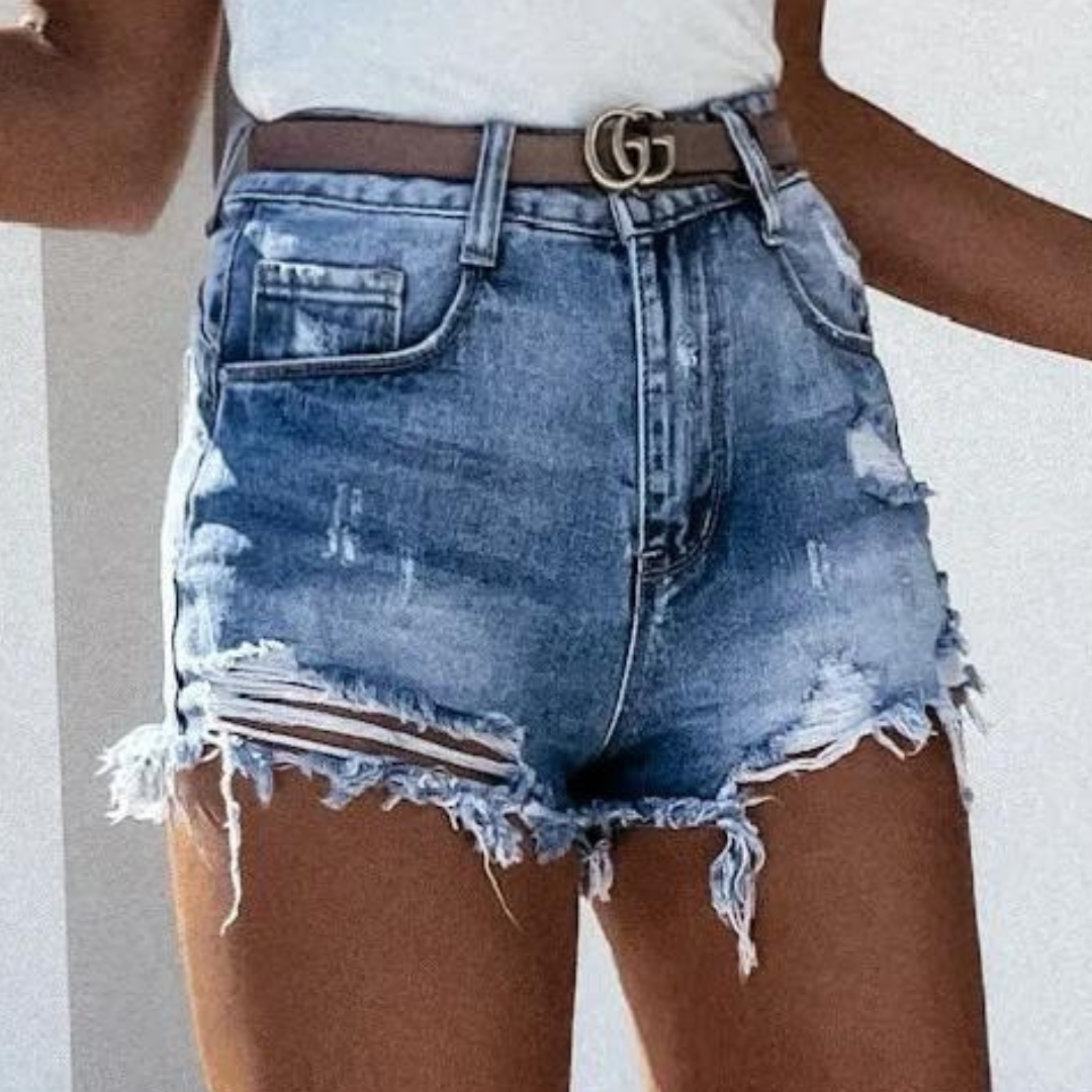 Short en jean taille haute à la mode avec des franges tendance de Denis