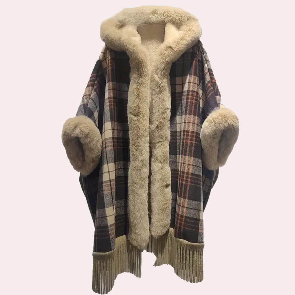 Berg-Feldt | Poncho-Jacke - Luxus-Damenumhang mit Kapuze und Fake-Fur-Besatz