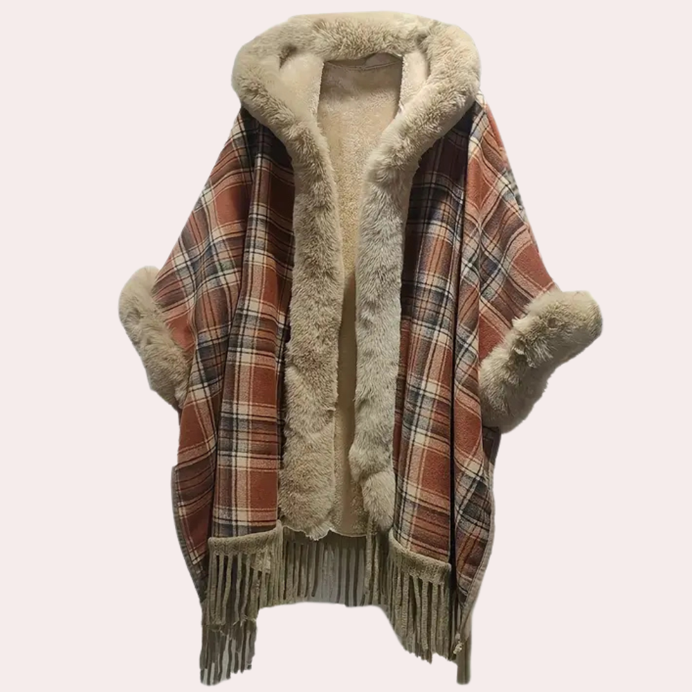 Berg-Feldt | Poncho-Jacke - Luxus-Damenumhang mit Kapuze und Fake-Fur-Besatz