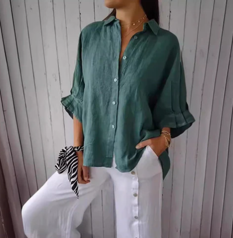 Chemisier en coton et lin avec patte de boutonnage par Fudus