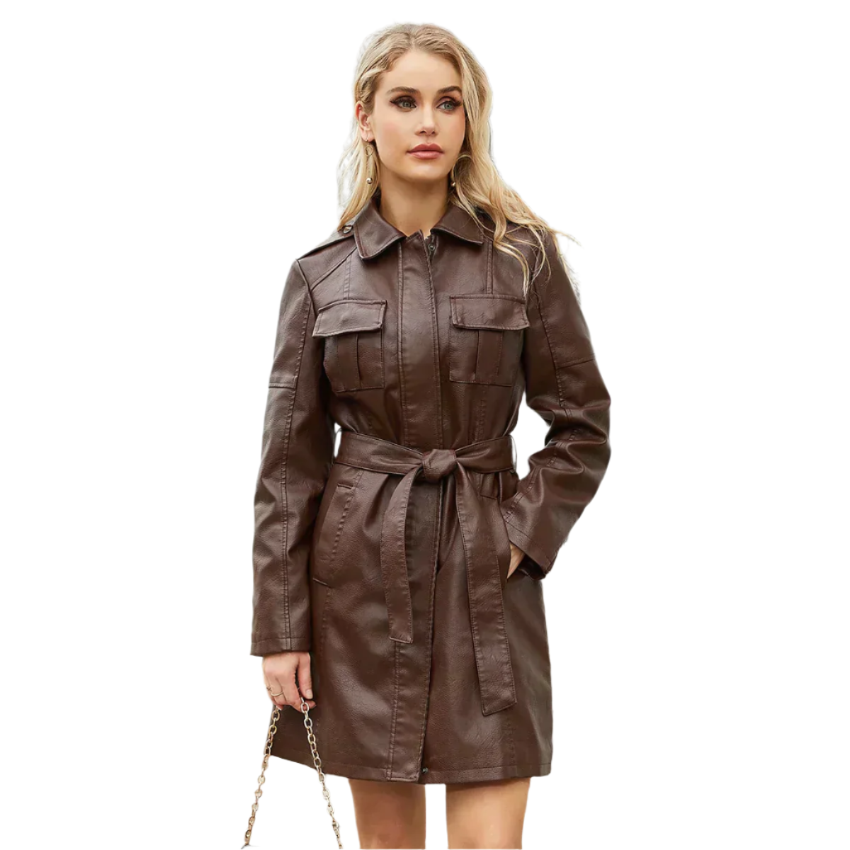 Berg-Feldt | Lange Damenjacke aus Kunstleder mit Gürtel