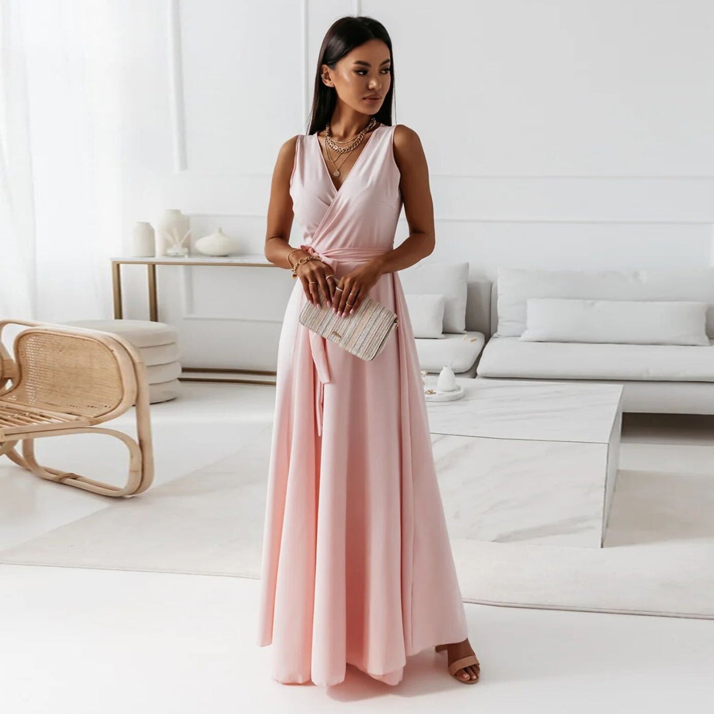 Robe longue Cosima, unie, col en V
