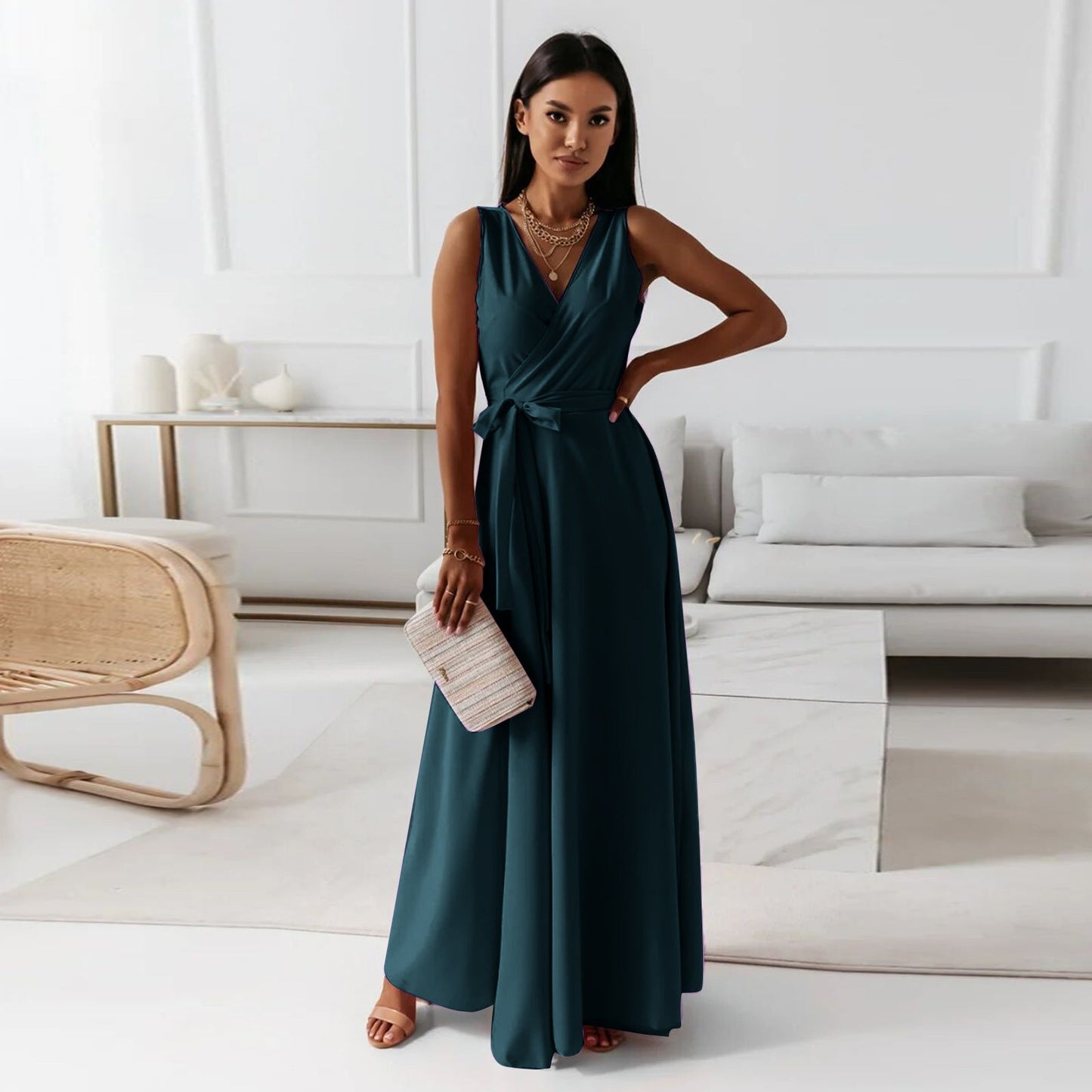 Robe longue Cosima, unie, col en V