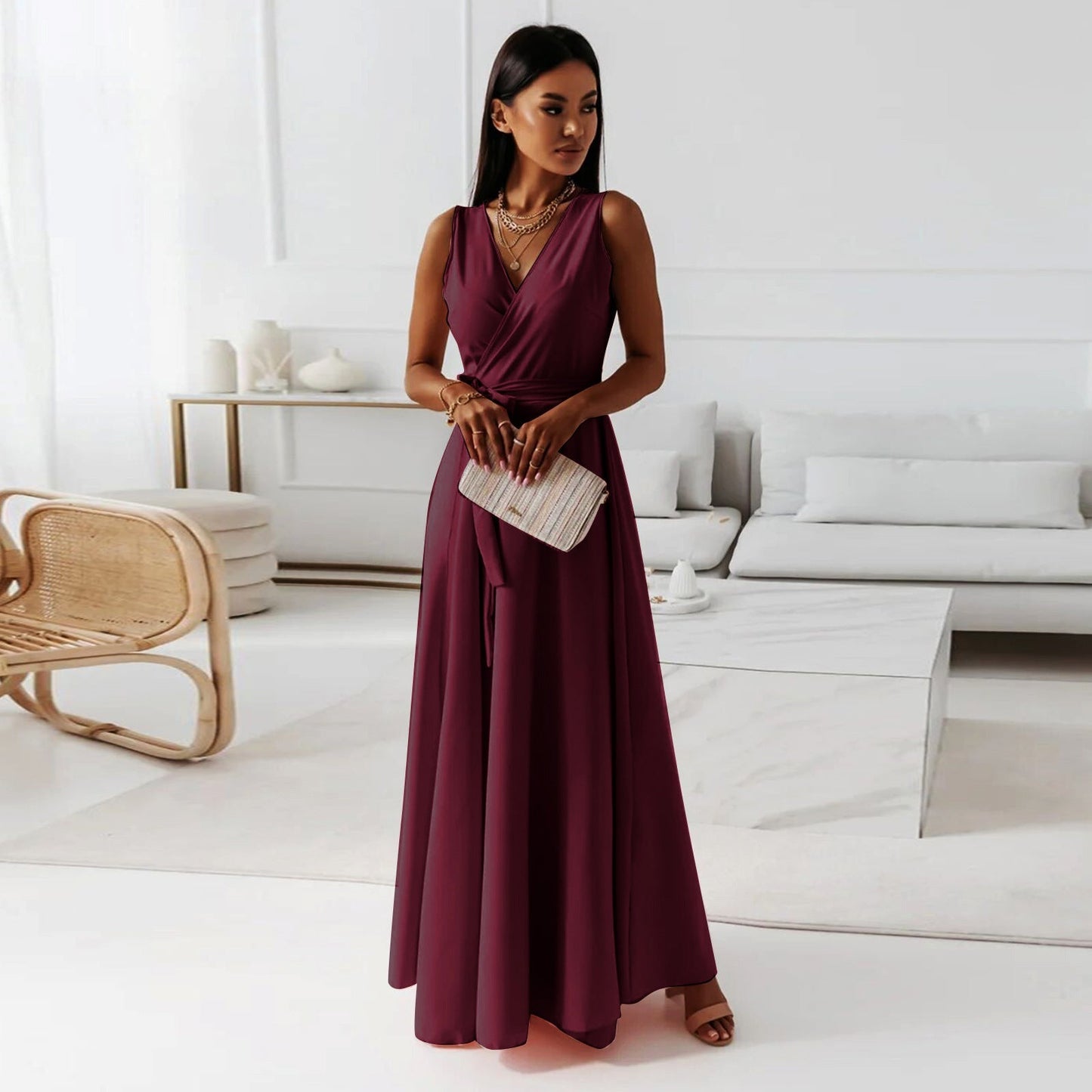 Robe longue Cosima, unie, col en V
