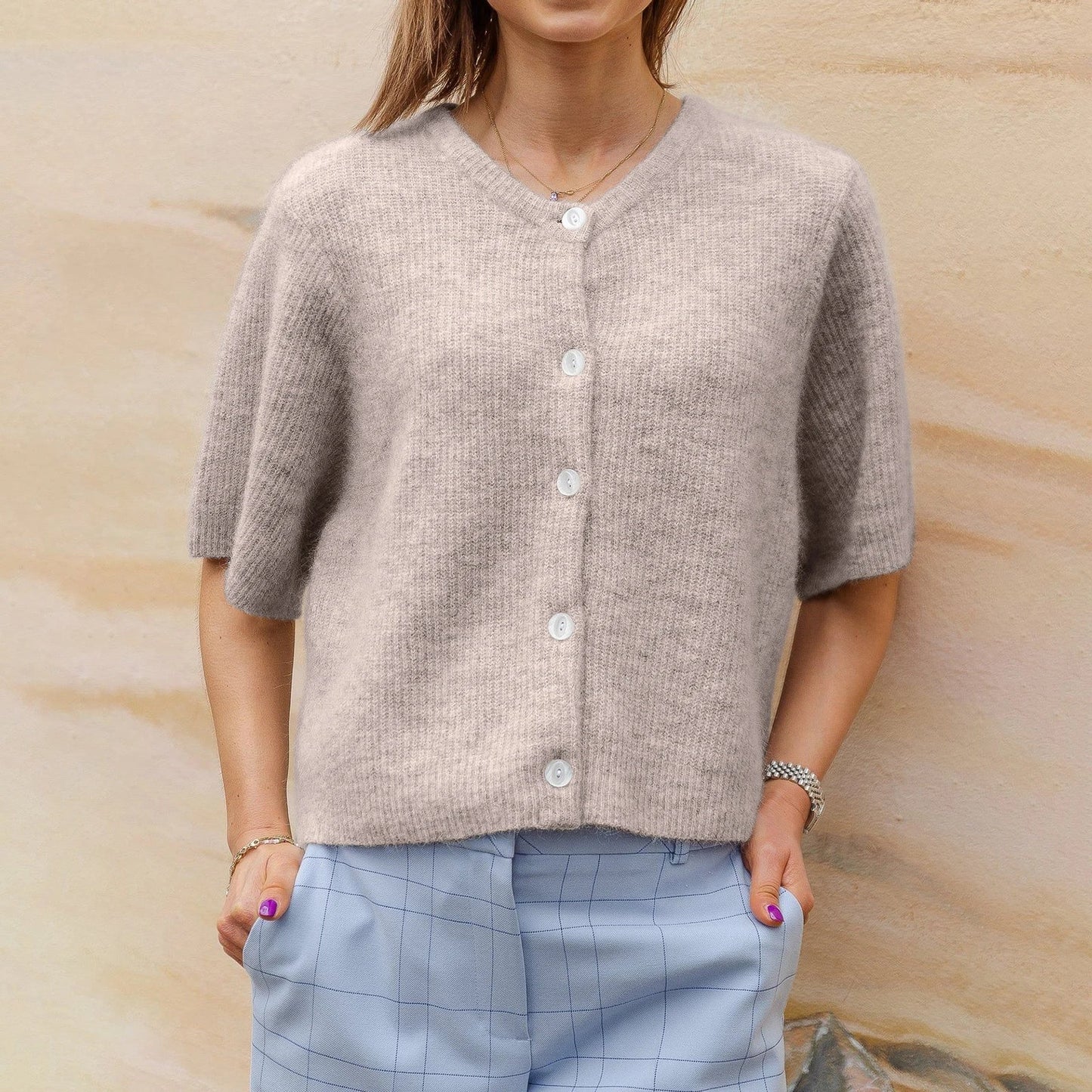 Mael Cardigan ras du cou en maille à manches courtes, style streetwear