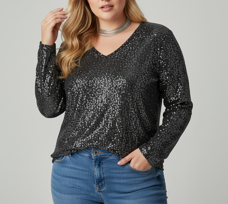 Haut brillant pour femme avec col en V élégant | Grandes tailles