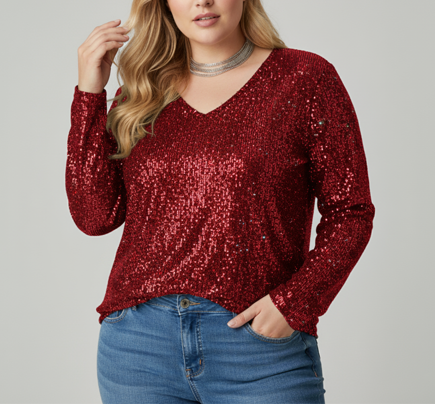 Haut brillant pour femme avec col en V élégant | Grandes tailles