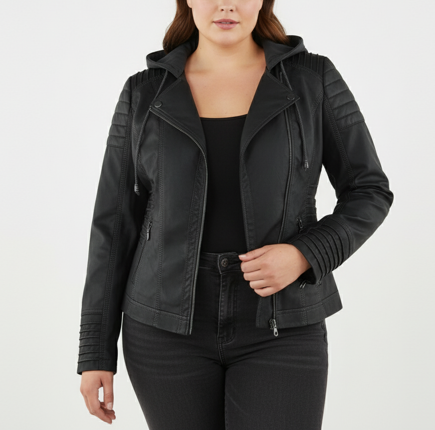 Blouson motard femme en similicuir avec capuche | Grandes tailles (L-3XL)