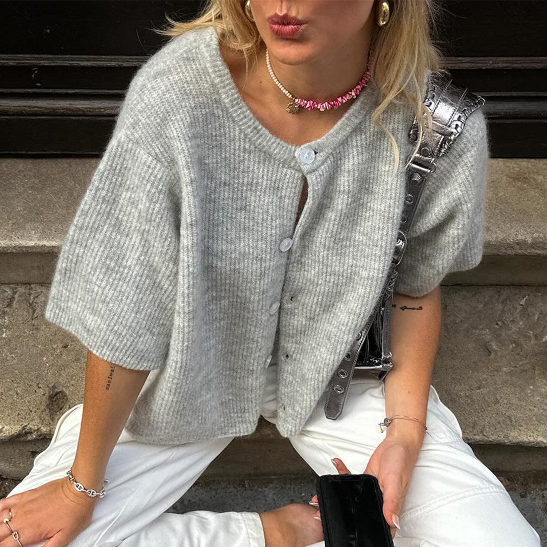 Mael Cardigan ras du cou en maille à manches courtes, style streetwear
