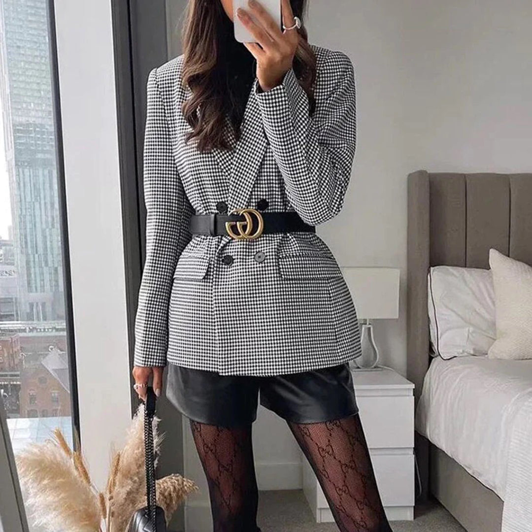 Élégant blazer pour femme Avelena à motif pied-de-poule noir et blanc