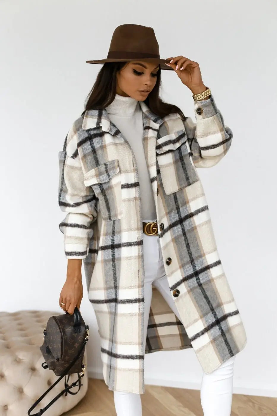 Berg-Feldt | Langer Mantel aus kariertem Fleece