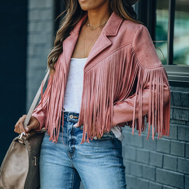 Berg-Feldt | Revers Langarm Fransen Crop Hippie Jacke