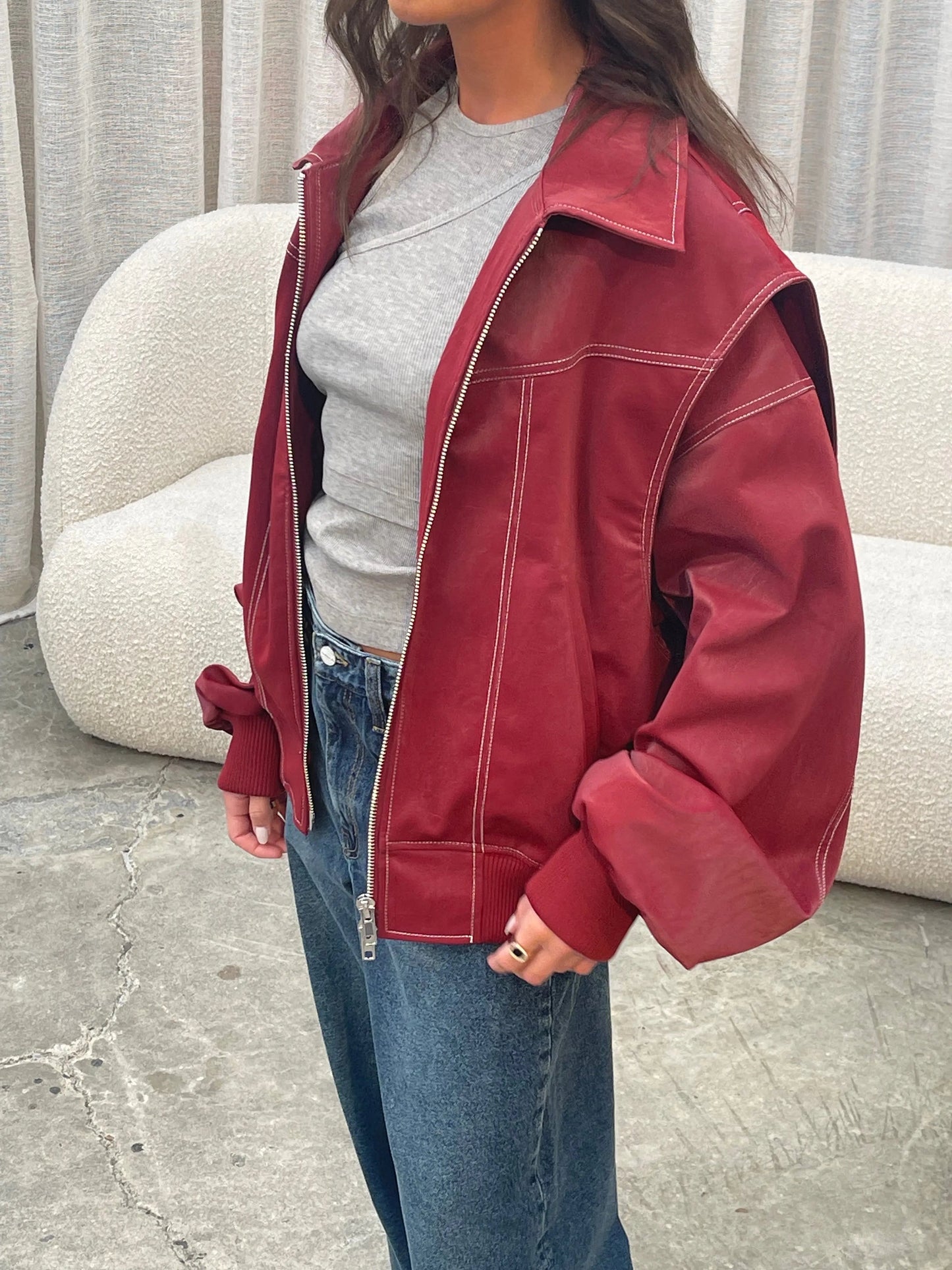 Berg-Feldt | Veste zippée grande taille bordeaux à surpiqûres contrastées