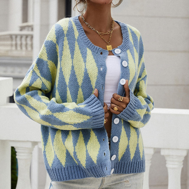 Berg-Feldt | Cardigan à motif Arlequin Col rond Décontracté et Tendance