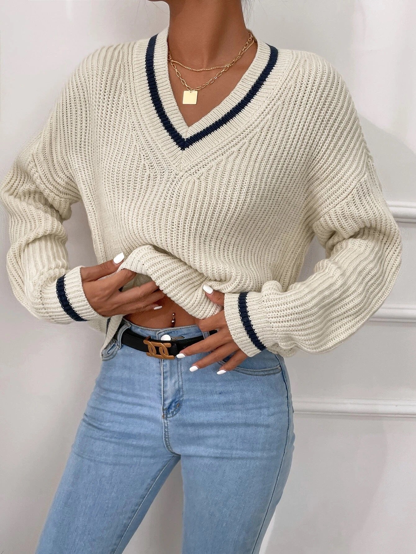Berg-Feldt | Pullover mit V-Ausschnitt und Patchwork