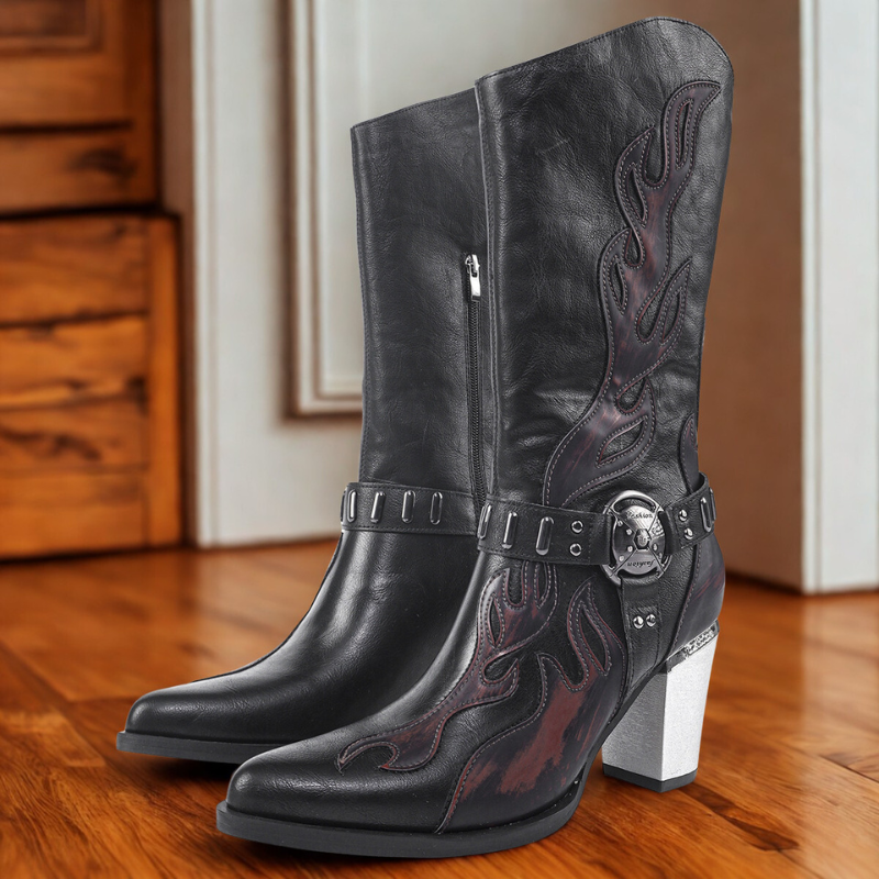 Berg-Feldt | Stiefel - Leder - Mittelwaden - Spitzzehe - Metallischer Blockabsatz