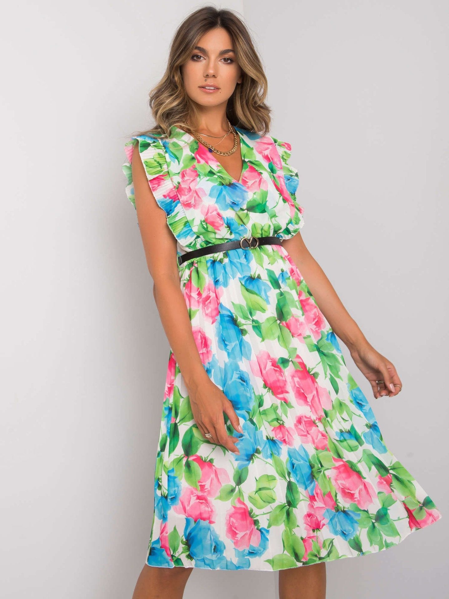 Robe longue à volants, motif fleuri et ceinture, berg-feldt