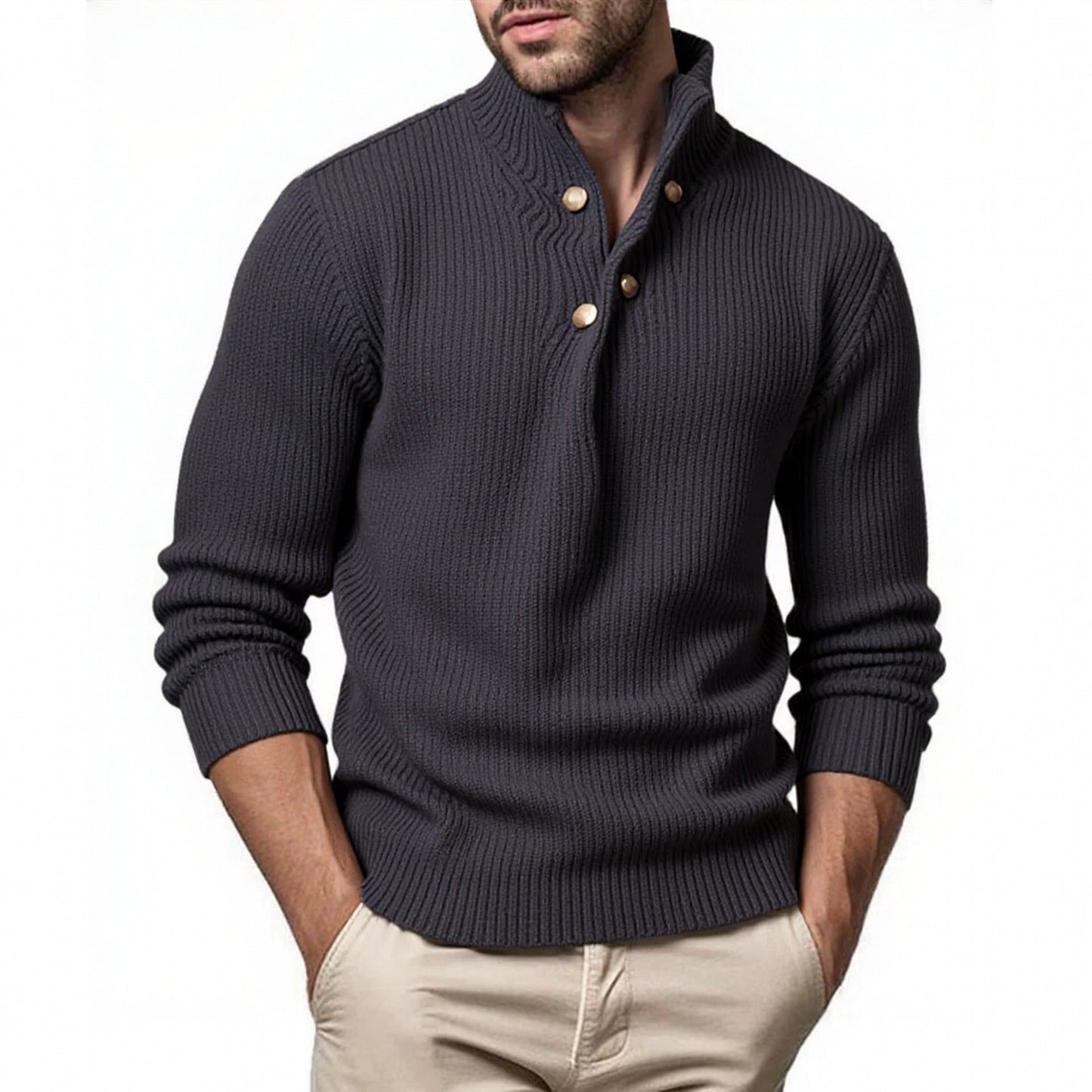 Pull en maille pour hommes à col montant et patte de boutonnage asymétrique Berg-Feldt