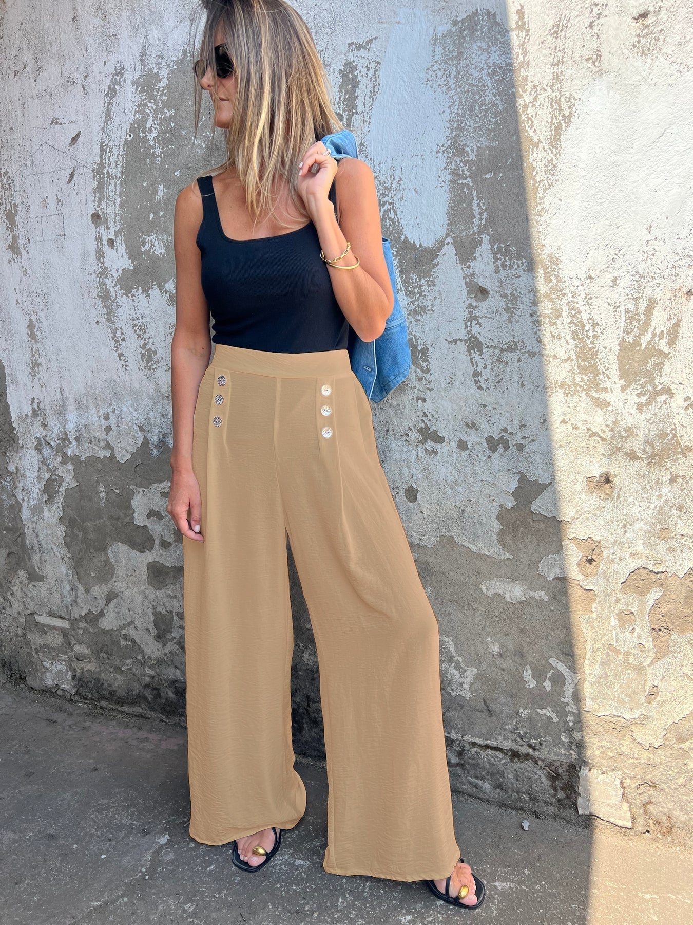 Berg-Feldt Pantalon Palazzo Femme Taille Haute avec Boutons Tendance