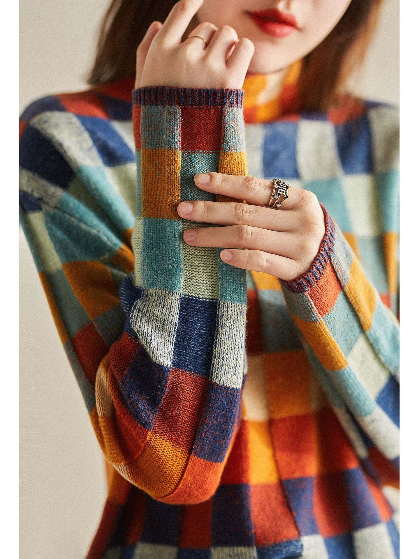 Berg-Feldt Pull en maille à col roulé à carreaux pour femme