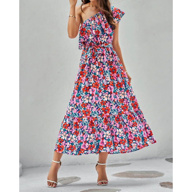 Maxikleid für Damen, einseitig geschulterter Schnitt, Blumenmuster, Rüschen am Saum (berg-feldt)