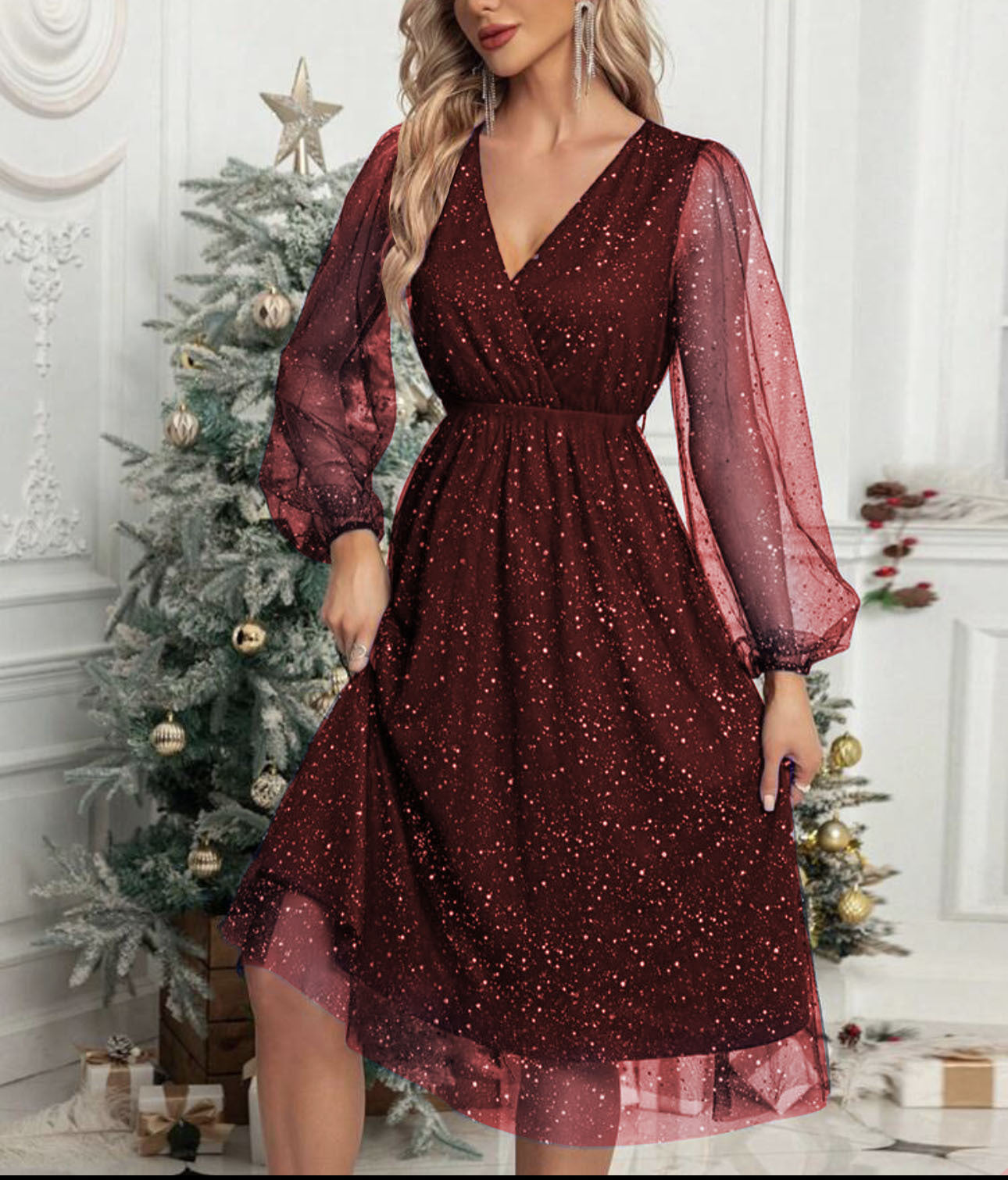 Robe midi glamour pour femme avec manches bouffantes transparentes et motif pailleté scintillant Berg-Feldt