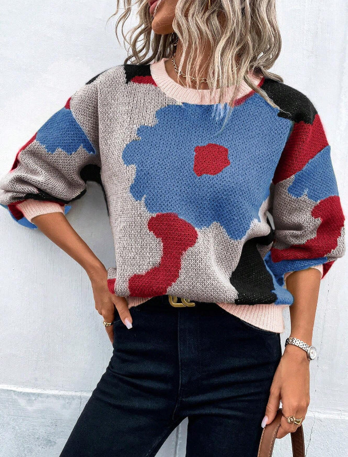 Berg-Feldt | Pullover Pullover Strickstoff Lockere Passform Rundhals Ballonärmel Gemustert