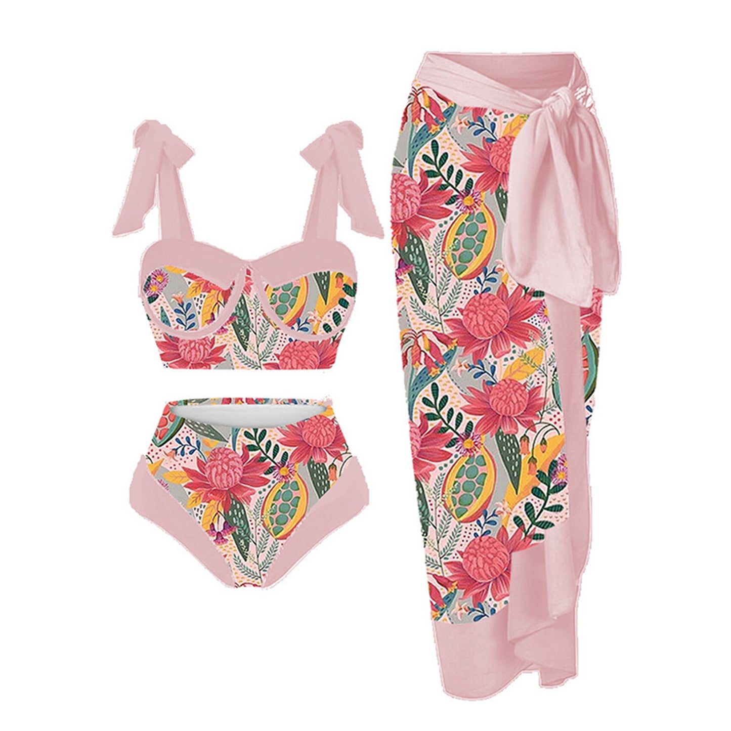 Ensemble de bikini Berg-Feldt pour femmes, taille haute, imprimé floral, avec jupe portefeuille assortie
