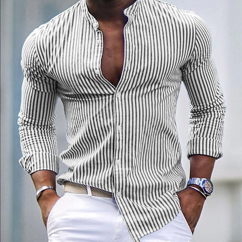 Chemise à manches longues pour homme avec col montant moderne et fines rayures Berg-Feldt