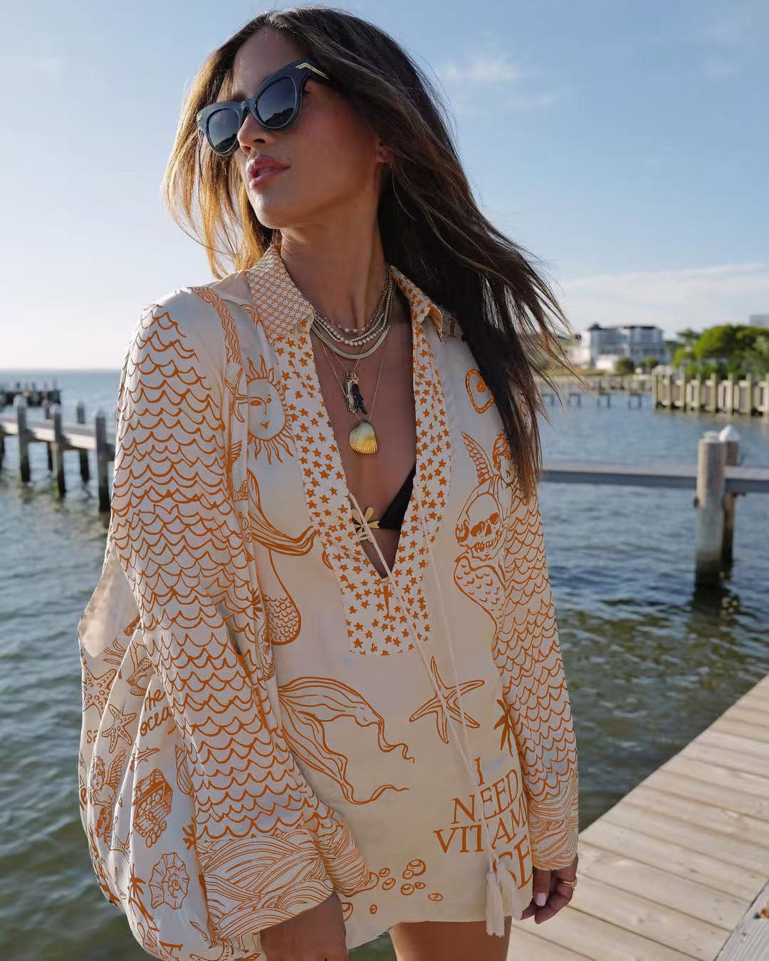 Chemise de plage légère pour femme de berg-feldt, motif marin, décolleté plongeant