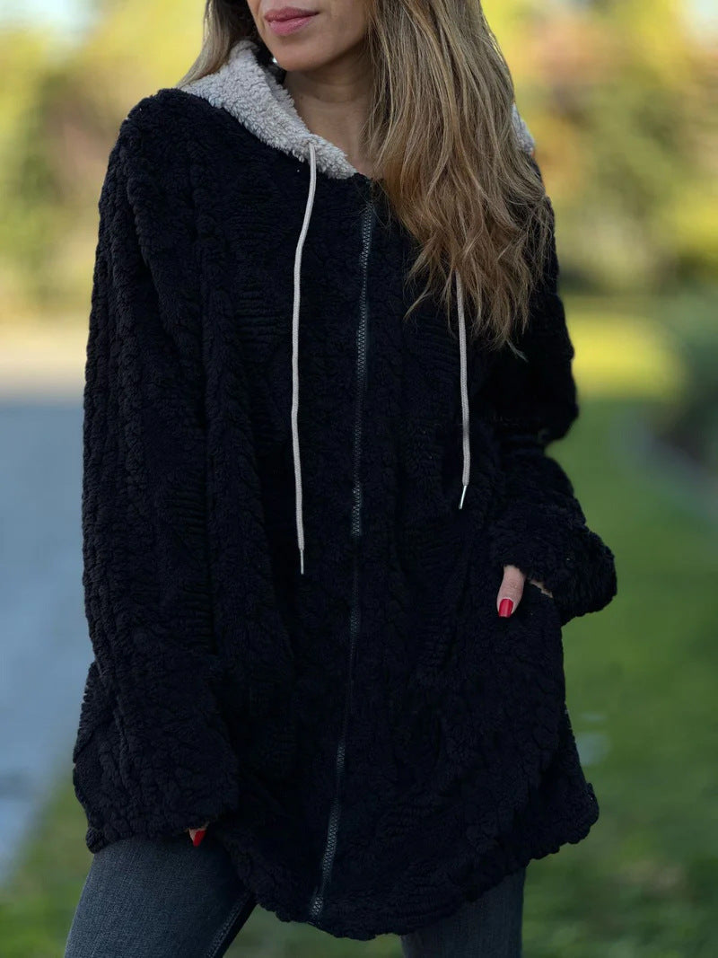 Berg-Feldt | Lange Weinlese Kapuzen Fell Reißverschluss Gestrickte Jacke
