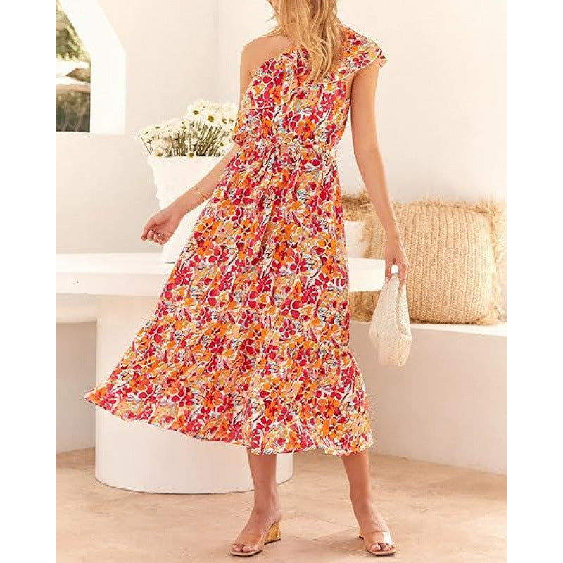 Maxikleid für Damen, einseitig geschulterter Schnitt, Blumenmuster, Rüschen am Saum (berg-feldt)