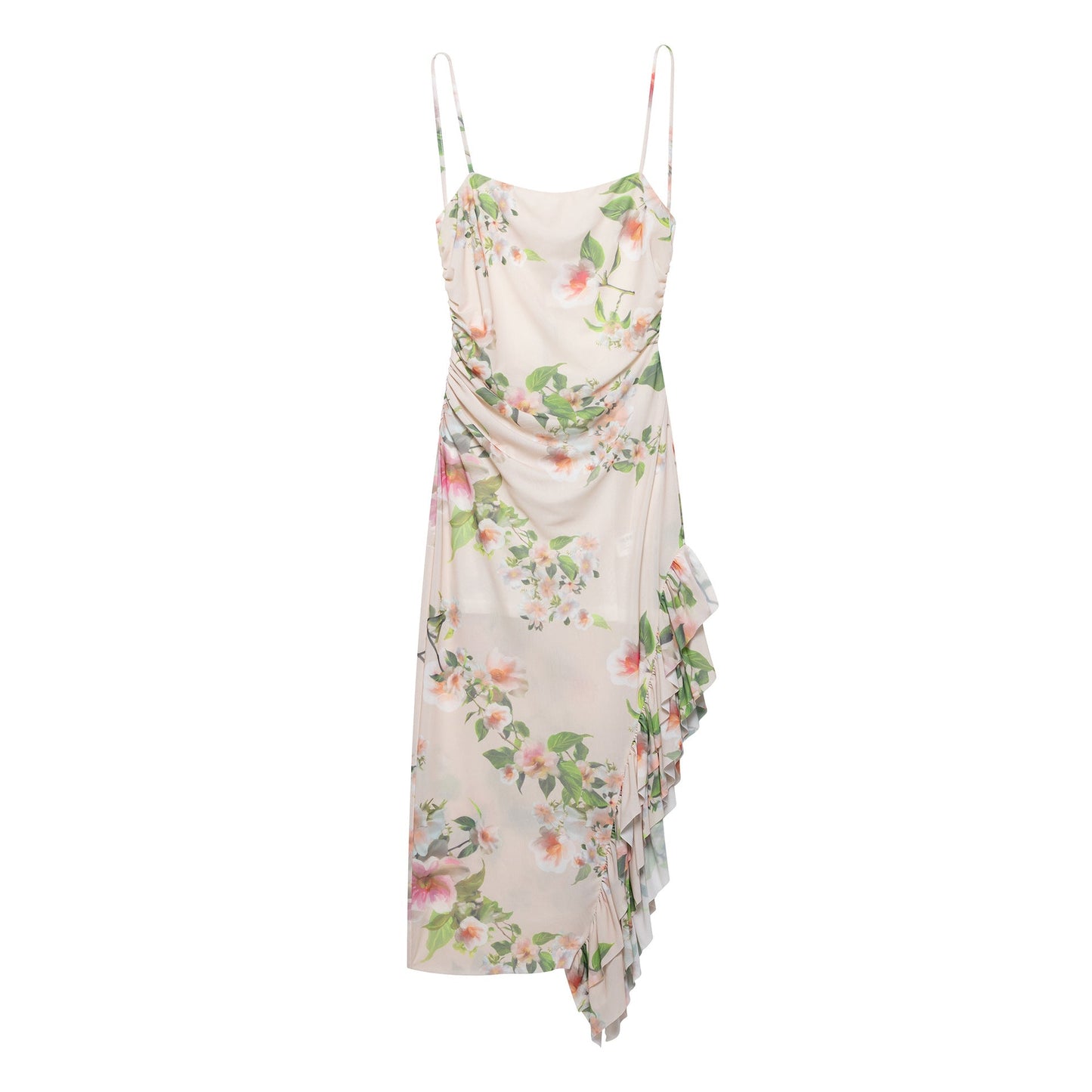 Maxikleid für Damen, drapierter Blumenprint, asymmetrischer Volant, berg-feldt