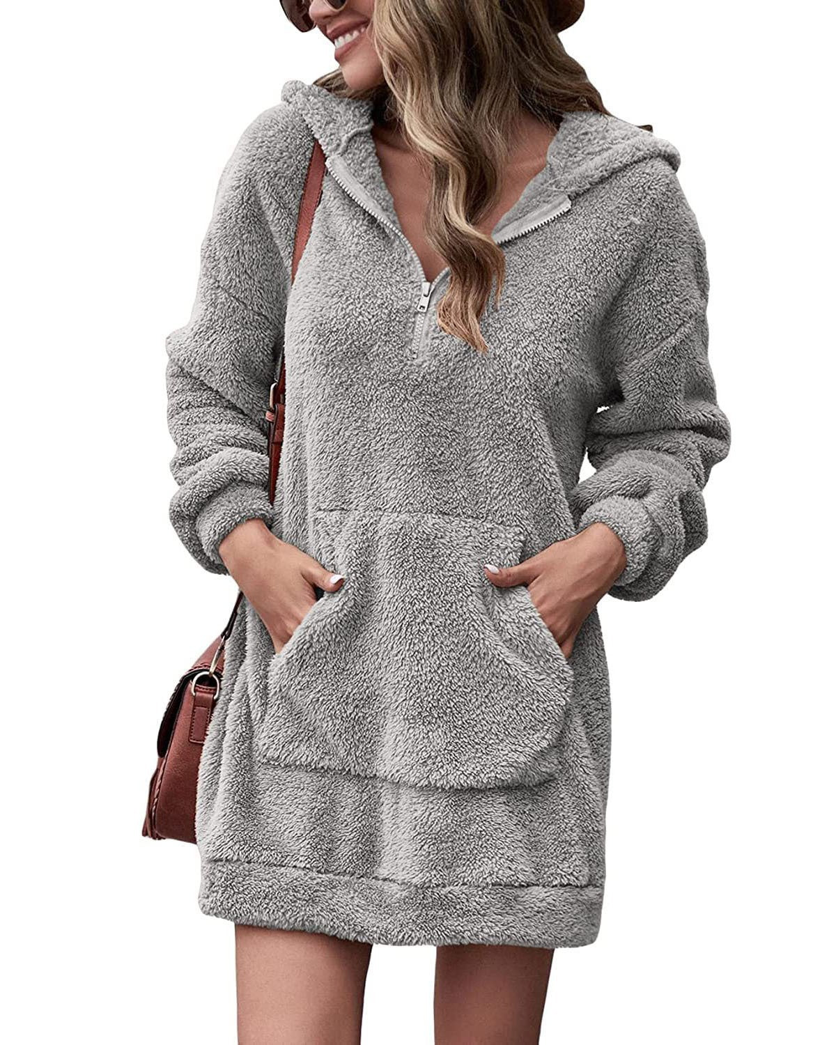Damen Kuscheliger Hoodie-Kleid mit praktischen Taschen und halben Reißverschluss Berg-Feldt
