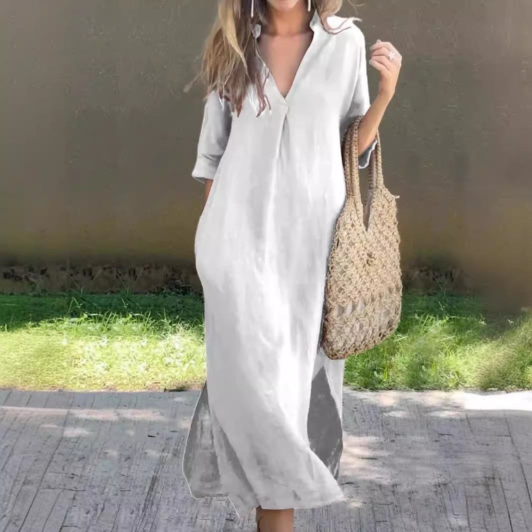 Robe longue décontractée pour femme avec col en V et poches latérales de berg-feldt