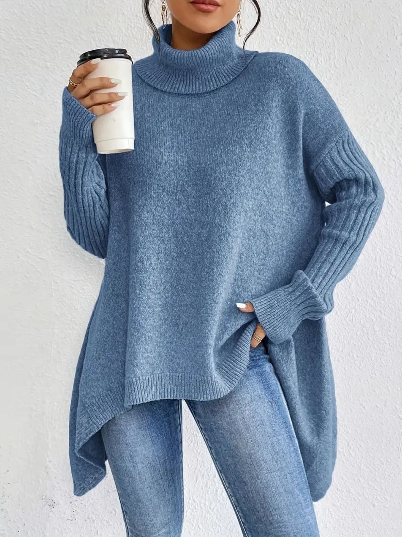 Berg-Feldt | Rollkragenpullover Übergröße Passform Wollstrick Asymmetrischer Saum Gerippte Ärmel