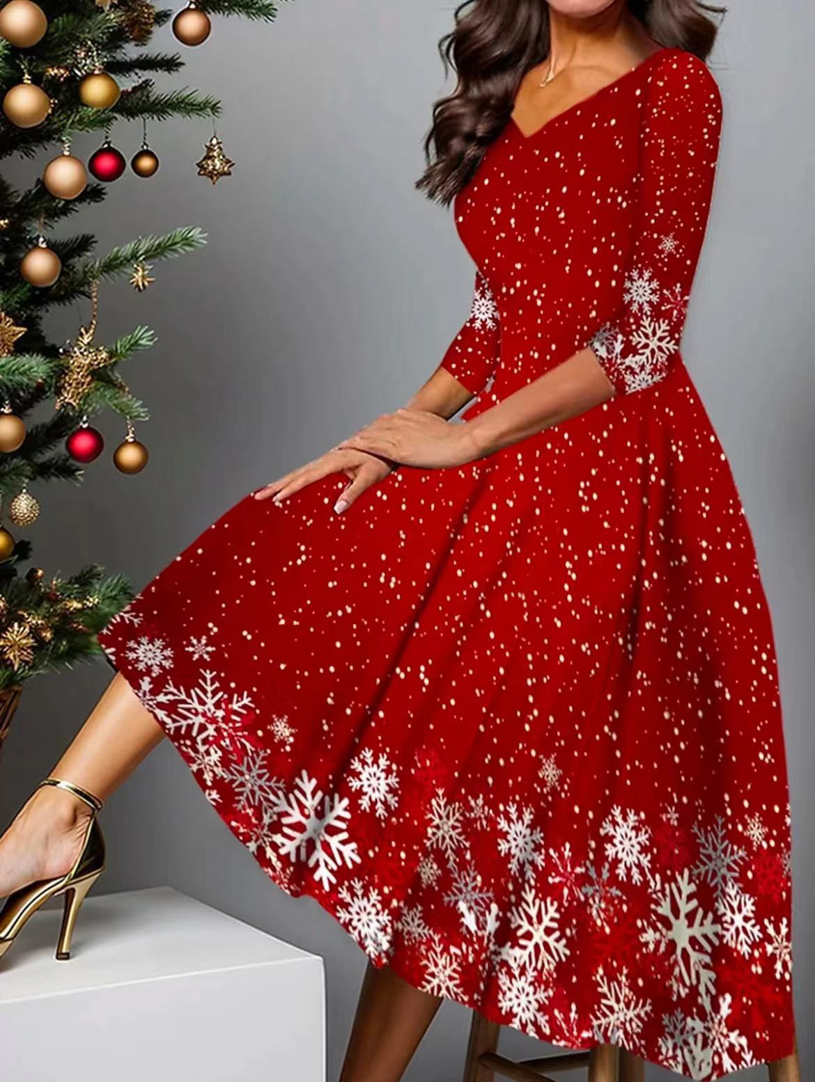 Elegantes Damen-Midi-Kleid mit V-Ausschnitt und Schneeflockendesign von berg-feldt