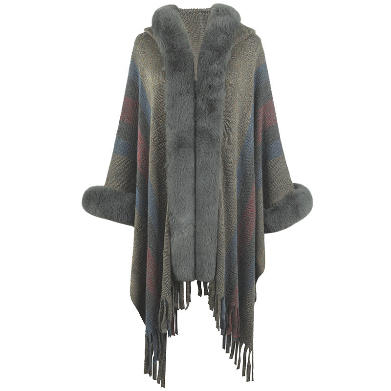 Damen-Poncho tendance avec luxueux col en fausse fourrure et franges Berg-Feldt