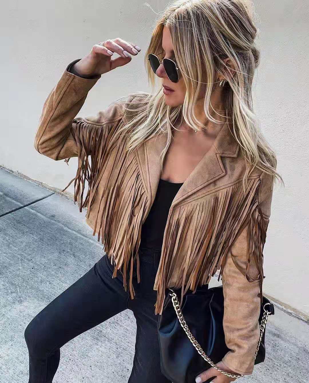 Berg-Feldt | Revers Langarm Fransen Crop Hippie Jacke